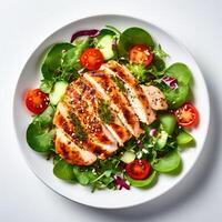 ai genererad kyckling filea med sallad på vit tabell friska mat keto diet diet lunch begrepp topp se foto