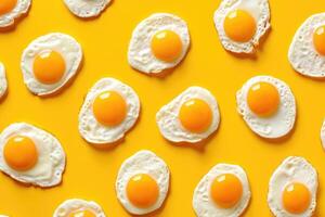 ai genererad kreativ konst collage. mönster av friterad ägg på gul bakgrund. foto