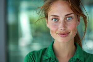 ai genererad närbild porträtt av attraktiv ung affärskvinna bär grön skjorta leende. foto