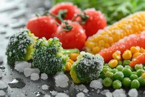 ai genererad frysta vegetabiliska alternativ broccoli, körsbär tomater, majs, ärtor, morötter. foto