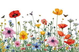 ai genererad färgrik äng och trädgård blommor med insekter isolerat foto