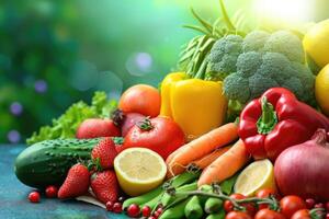 ai genererad färgrik frukt och grönsaker bakgrund foto