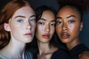 ai genererad tre kvinnor av olika etniciteter highlighting skönhet standarder i en studio miljö foto