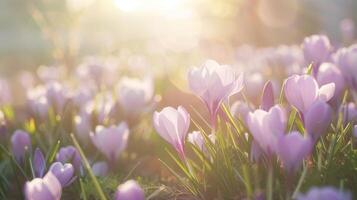 ai genererad lila krokus blommor blomning i en solig vår fält på gryning foto