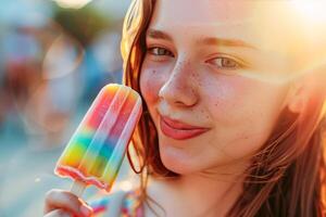 ai genererad ung kvinna njuter en färgrik isglass på en värma sommar dag foto