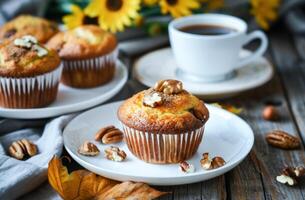 ai genererad nyligen bakad valnöt muffins eras med en kopp av cappuccino på en rustik trä- tabell foto