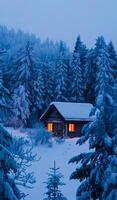 ai genererad skymning lugn på en snötäckt stuga i en vinter- skog foto