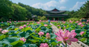 ai genererad lotus damm med traditionell paviljong foto