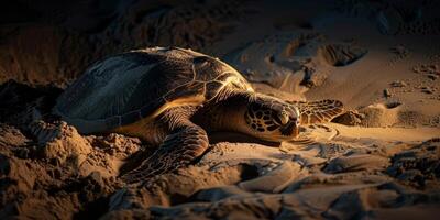 ai genererad vilar sköldpadda på de strand på natt foto