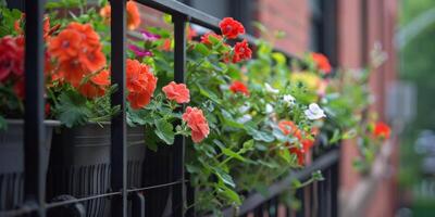 ai genererad vibrerande pelargoner på balkong foto