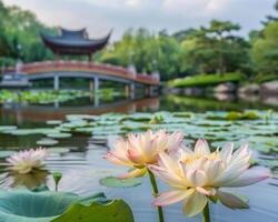 ai genererad lotus blommor i traditionell trädgård foto