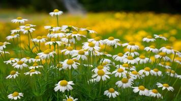 ai genererad kamomill blommor skapa en lugn scen över en suddig bakgrund foto