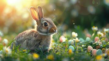 ai genererad små kanin Sammanträde i fält av ägg foto