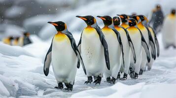 ai genererad grupp av pingviner stående i de snö foto