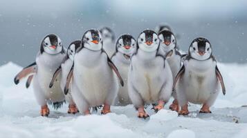 ai genererad grupp av pingviner stående i de snö foto