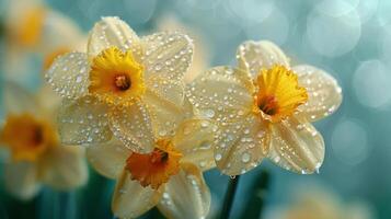 ai genererad grupp av gul blommor med vatten droppar foto