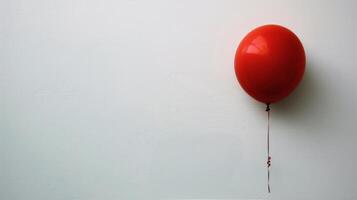 ai genererad röd ballong bifogad till vit vägg foto
