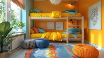 ai genererad sovrum med sovbrits säng och färgrik matta foto