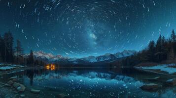 ai genererad berg sjö med starry himmel foto