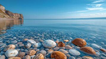 ai genererad strand med stenar, vatten, och klippa foto