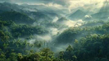 ai genererad Sol lysande genom moln i djungel foto