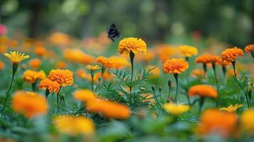 ai genererad vibrerande orange och gul blommor i en fält foto