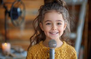 ai genererad liten flicka innehav mikrofon och leende foto
