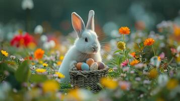 ai genererad vit kanin Sammanträde i korg med ägg foto