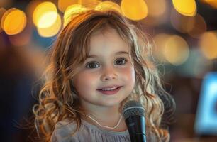 ai genererad liten flicka innehav mikrofon och leende foto