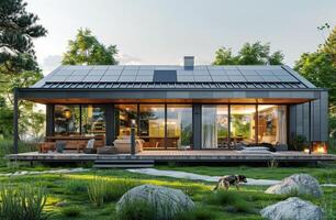 ai genererad hus med sol- panel på tak foto