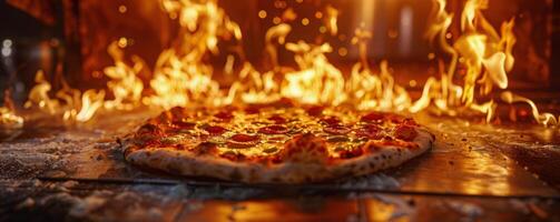 ai genererad pizza på flammande tabell foto