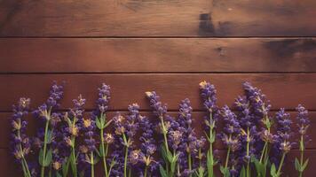 ai genererad trä- bakgrund frontad förbi lavendel- blommor utstrålar rustik charm foto