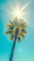 ai genererad tropisk handflatan träd mot en blå himmel med ljus Sol vertikal mobil tapet foto