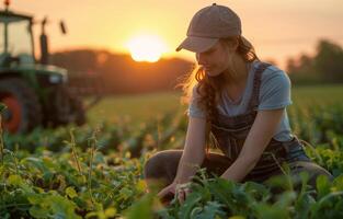 ai genererad kvinna knästående i fält med traktor i bakgrund foto