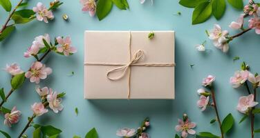 ai genererad vit gåva låda med rosa blommor foto