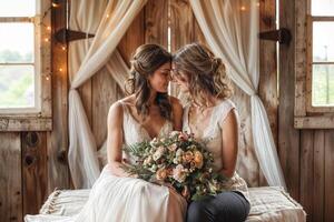 ai genererad kärleksfull blickar delad mellan brudar klädd i vit, med en rustik bakgrund foto