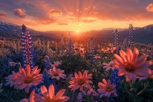 ai genererad solnedgång över en vibrerande vild blomma äng foto