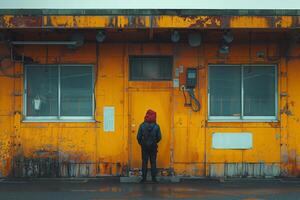 ai genererad person i en röd luvtröja står innan en riden orange metall strukturera, fångande en känsla av urban ensamhet foto