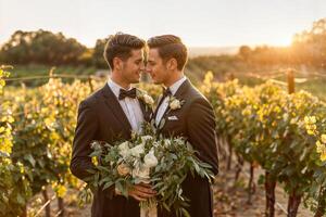 ai genererad Gay par i smoking delning ett intim ögonblick bland vingård rader på solnedgång foto