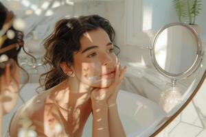 ai genererad ung kvinna njuter en fredlig ögonblick i solbelyst badrum foto