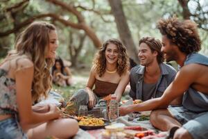 ai genererad grupp av olika ung vuxna skratt och dela med sig mat på en tillfällig utomhus- picknick foto