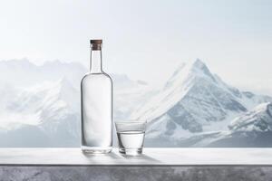 ai genererad eleganta minimal attrapp för sträng alkohol dryck - vodka i eleganta glas flaska på iced och snöig bakgrund med berg. minimalism. plats för text. foto