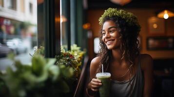 ai genererad en charmig ung lady strålande glädje som hon åtnjuter en grönskande grön smoothie i en pittoresk Kafé miljö, med stor fönster utsikt en livliga stad gata foto