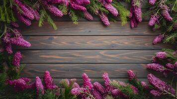 ai genererad skön färsk lila gräns på trä- bakgrund för Semester dekoration foto