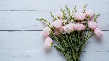 ai genererad firande vibrafon med mjuk rosa vår blommor bukett på vit foto