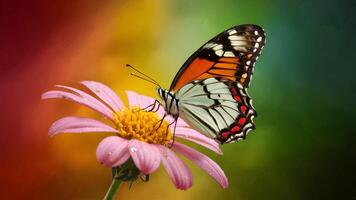 ai genererad fjäril vilar på regn uppblött blomma mot färgad bakgrund foto