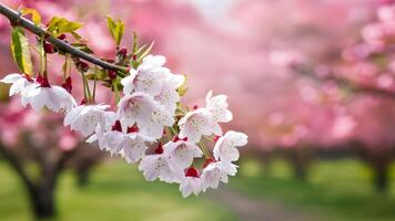 ai genererad mjuk Färg suddig natur med körsbär blommar vattenfärg målning bild foto