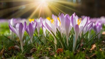 ai genererad Fantastisk solljus på blomning vår blommor med krokus, vilda djur och växter foto