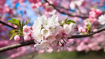 ai genererad bild grund djup sakura blomma körsbär blomma hälsning kort bakgrund foto