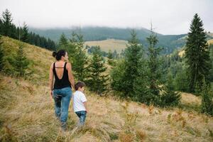 ung mamma med bebis pojke reser. mor på vandring äventyr med barn, familj resa i berg. nationell parkera. vandra med barn. aktiva sommar högtider. foto